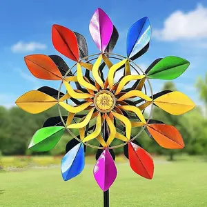 63 Inch Kinetic Wind Spinners with Garden Stake, Rainbow Metal Windmill Decorations, 360 Swivel Outdoor Wind Sculpture, Dual Direction Colorful Wind Catcher for Yard Art, Lawn, Garden Decor, Gifts