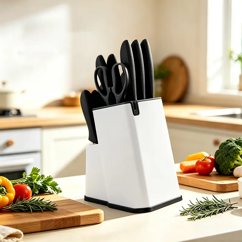 15 Pieces Kitchen Knife Set, Plastic Handle, Plastic Storage Holder, Kitchen Scissors, Built‑in Sharpener, Meat & Vegetable Cutter, Steak Knives, Washable, Modern Kitchen Utensils, Gift Set