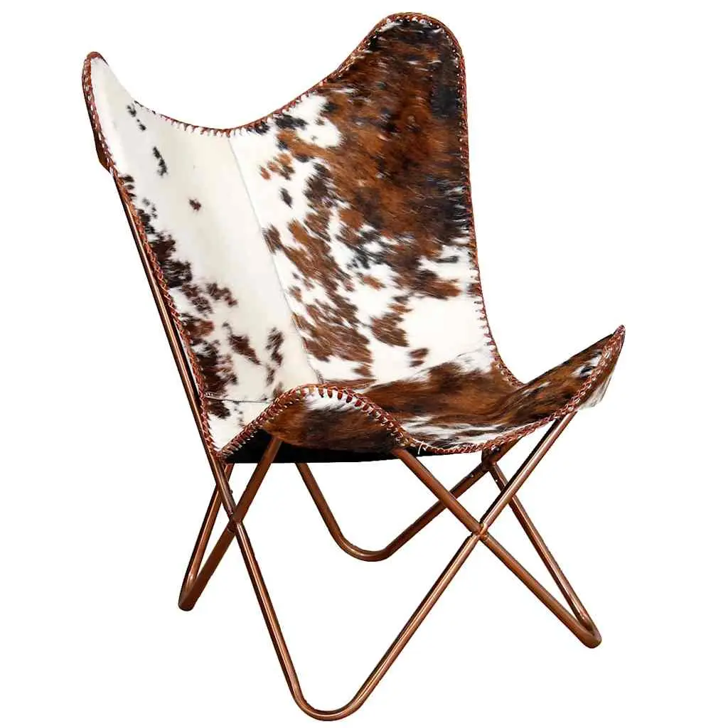 vidaXL Butterfly Chair, Accent Living Room Chair, Leather Butterfly Chair, Scandinavian Style, Brown and White Real Cowhide Leather 243696
