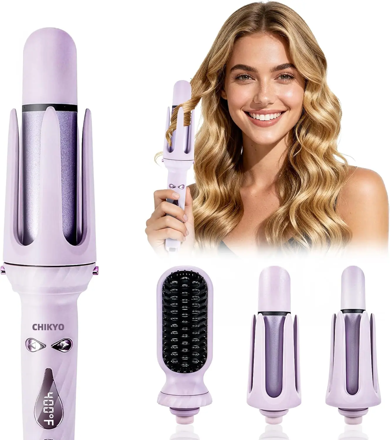 CHIKYO 3 in 1 Multifunctional Hot Tool, Automatic Curling Irons with 2 Ceramic Barrel(1", 1.25") & Hair Straightener Brush, Hair Curler & Straightening Comb, Purple