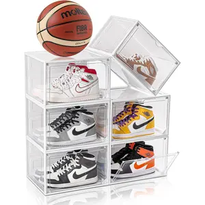 6 Pack Large Clear Shoe Storage Organizer,Stackable Shoe Rack for Closet,Plastic Shoe Boxes with Magnetic Door,Drop Side Shoe Containers for Entryway,Fit up to US Size 13(white, 6 Pack)