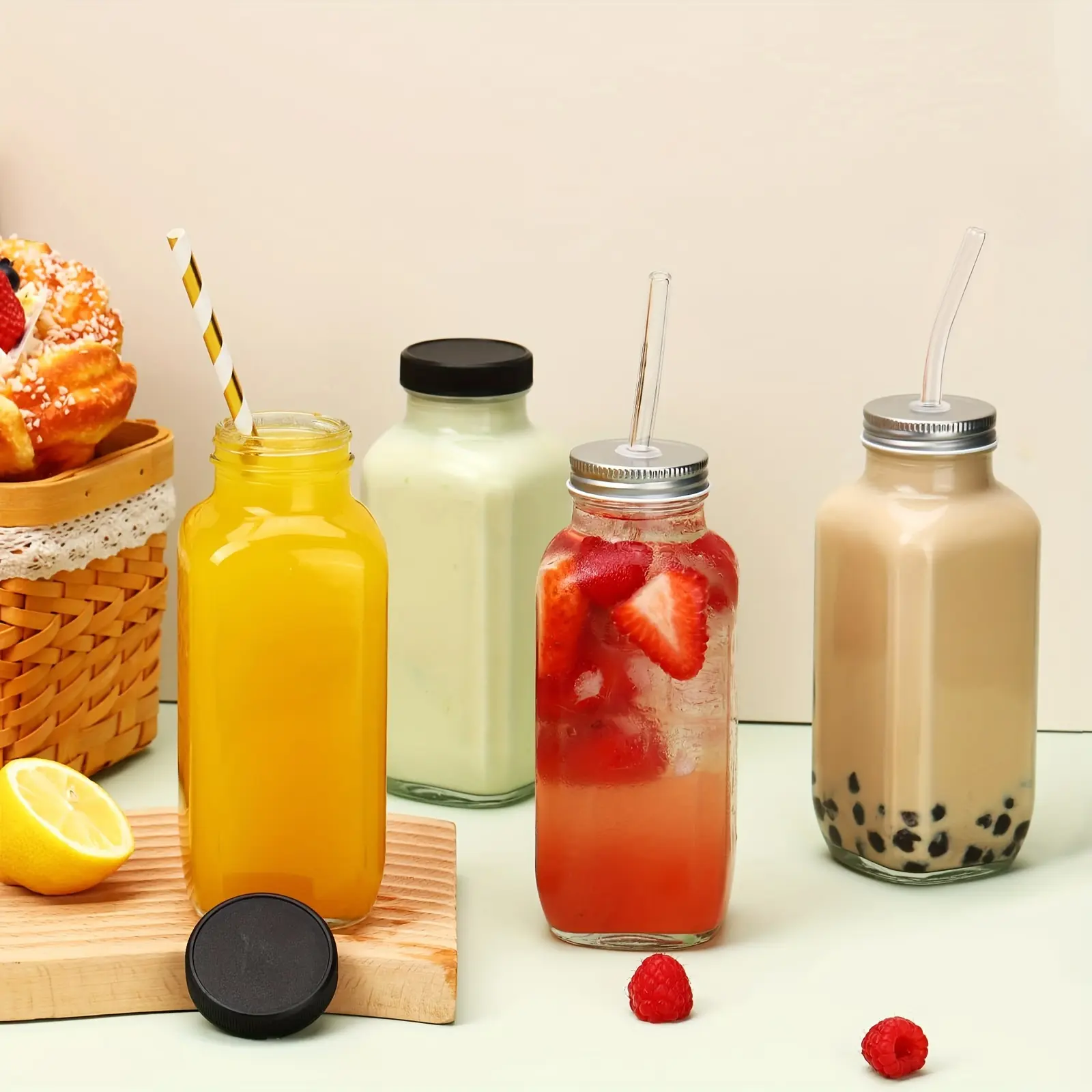 TOMNK 10 Pack 16Oz Glass Juice Bottles Featuring Lids, Reusable Containers for Juices, Drinking Jars, Water Cups Including a Brush, Glass Straws, Lids with Openings, Suitable for Halloween And Christmas, Ideal for Beverages, Juices, Squeezed Drinks