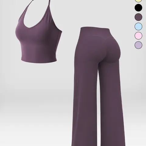 Women's 2-Piece Gym & Yoga Athleisure Set - Strappy V-Neck Crop Top, Straight-Leg Pants with Tie Accent, Quick Dry Stretchy Training Apparel, Matching Workout Sets for Yoga, Pilates & Gym Days
