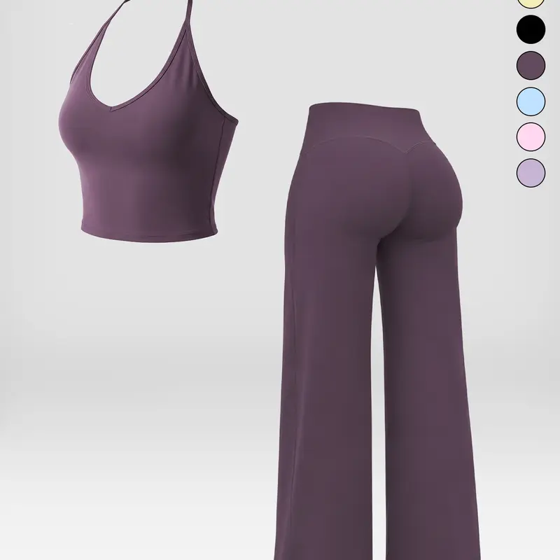 Women's 2-Piece Gym & Yoga Athleisure Set - Strappy V-Neck Crop Top, Straight-Leg Pants with Tie Accent, Quick Dry Stretchy Training Apparel, Matching Workout Sets for Yoga, Pilates & Gym Days