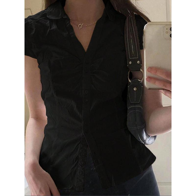 Women's Button Down Shirts Cap Sleeve Lapel Collar Tie Back Slim Fit Tops Summer Shirts Black Casual