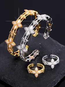 2pcs Four-Leaf Clover Open Bangle Bracelet, 18k Plated Copper Jewelry, Unisex Design for All Occasions, Ideal Birthday Gift