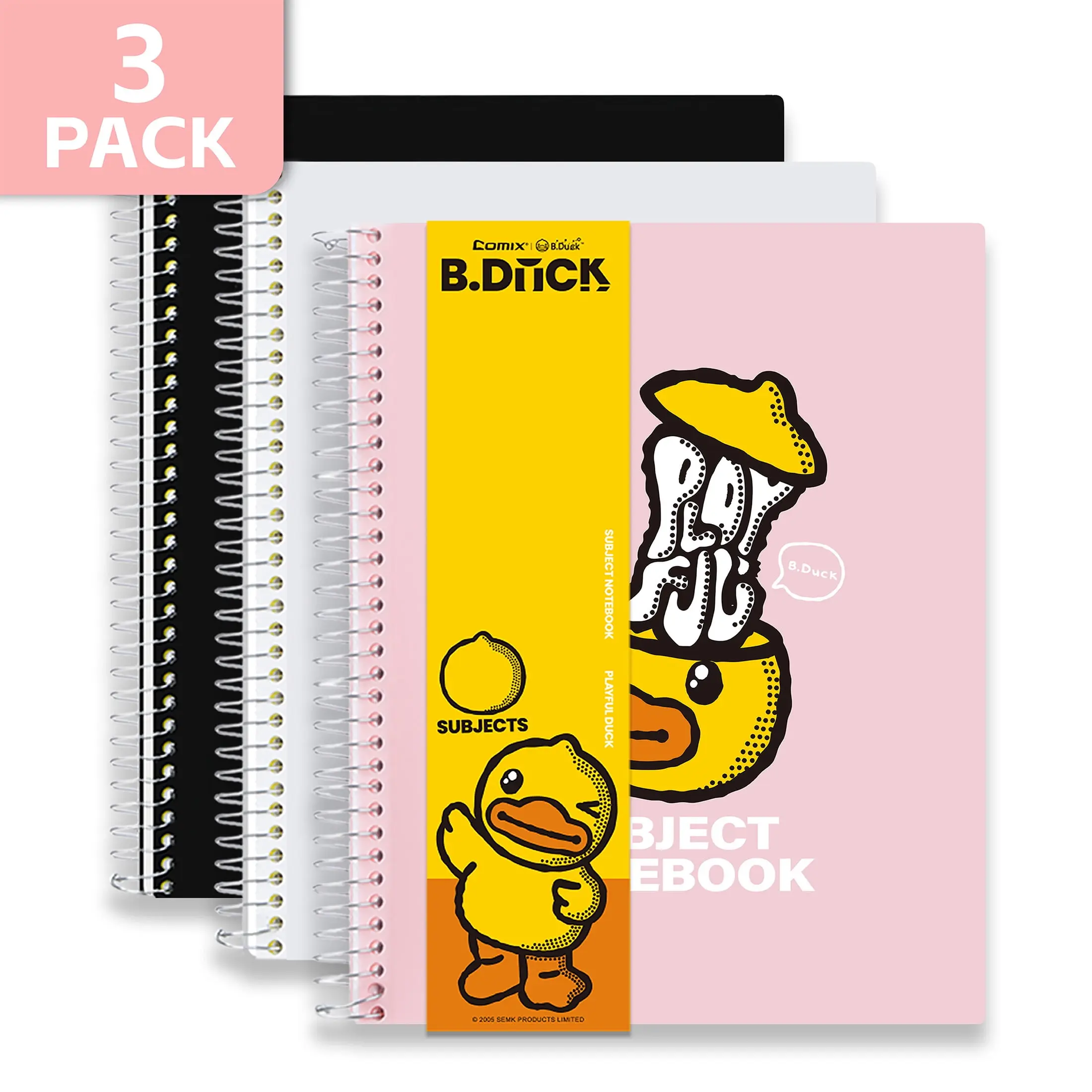 Comix 1 Subject Notebook,3-Pack College Ruled Spiral Notebook with Pocket Dividers 11"x 8.5", 70 Sheets,Black White Pink
