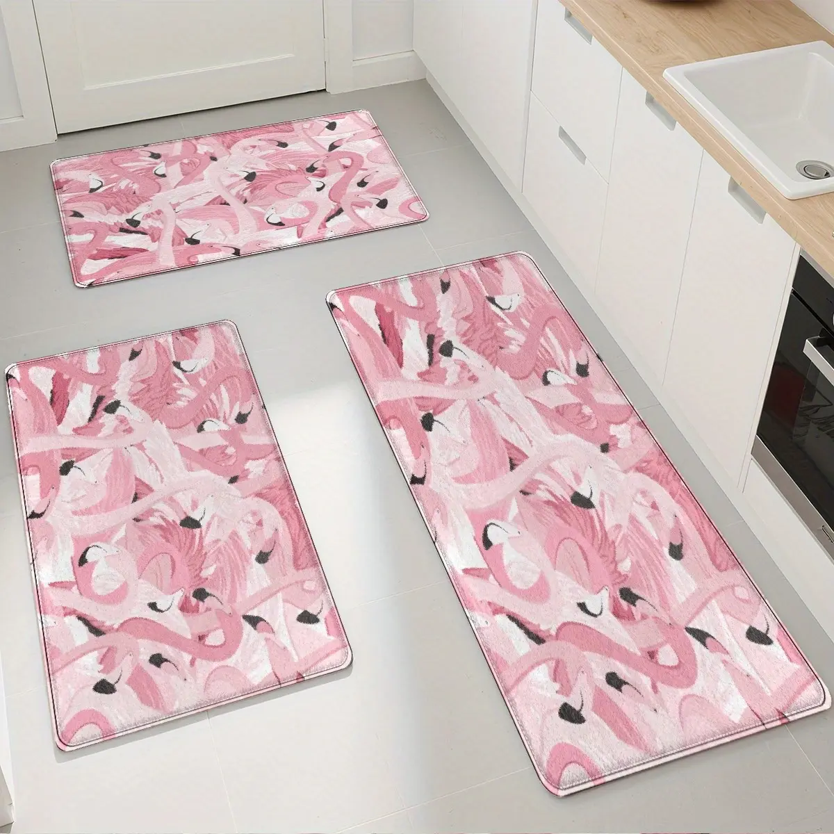 Pink Flamingo Print Flannel Bath Mat - 1 Mat, Tropical Look, Soft Plush Texture, Pink and White Design, Indoor Use for Bathroom/Kitchen, Hand Wash Only
