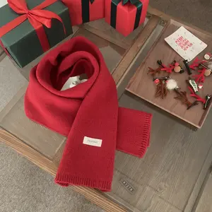 Red Scarf Winter Women's Holiday Gift Couple Versatile Knitted Warm Thickened Scarf Korean Style 180cm x 35cm Festive Crimson Hue Double-Layer Warmth Trendy Solid Shawl Solid Color Shawl