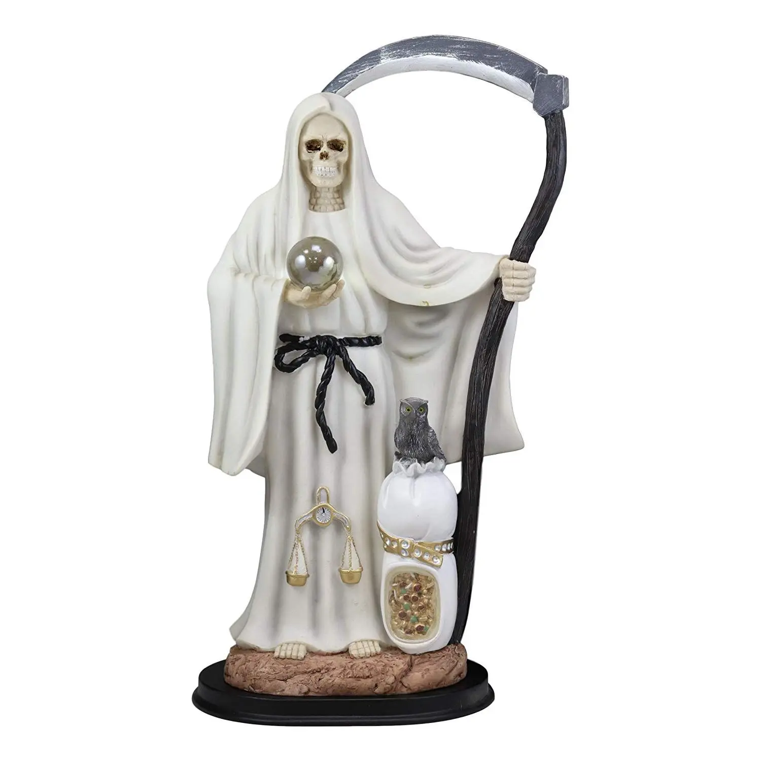 White Religious Santa Muerte Figurine, 16.75"H Large Holy Death Statue Holding Scythe Globe With Owl, Home Decor Ornaments, Mother