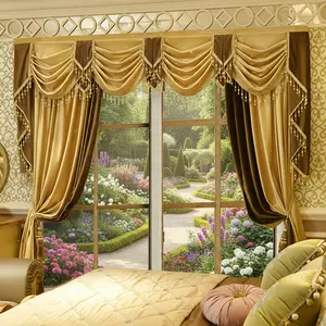 Luxurious European Curtain Set, 2pcs Curtains & 1pc Headpiece, Elegant Fringe Decor, Living Room Bedroom High-End Finished Curtains, Tassel Decor Curtain
