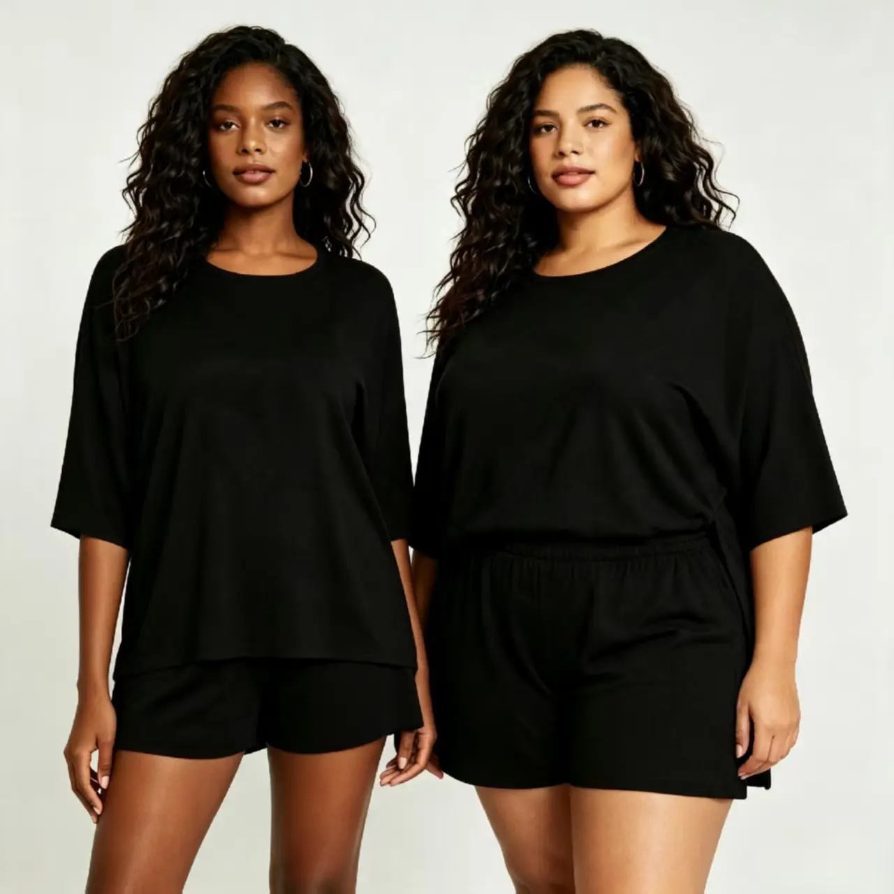 Women's 2026 Summer Minimalist 2-Piece Lady Pants Suit - Loose Crew Neck Soft Viscose Oversized Half-Sleeve Blouse/Shirt, Above-the-Knee Biker Shorts with Split Hem, Side Pockets, Princess Style Casual Clothes for Cold Wash
