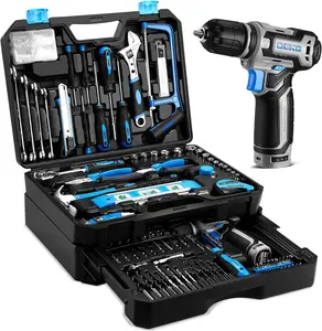 Tool Set: Tool Kit with 12V Cordless Drill, Hand Toolbox with storage case, Mechanic Tool set for Home Repairs, Blue