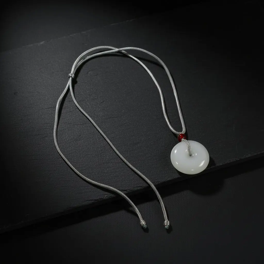 White Jade Donut Pendant Necklace - Unisex Casual Adults' Jewelry, Smooth Donut Shape Polished Stone Cord Necklace for Daily Wear