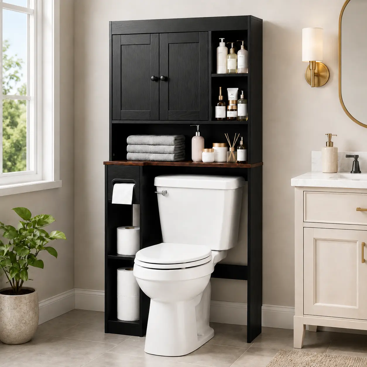 Black Farmhouse Over-the-Toilet Storage Cabinet with 2 Doors, Open Shelves and Toilet Paper Holder, Freestanding Space-Saving Bathroom Organizer for Small Bathrooms