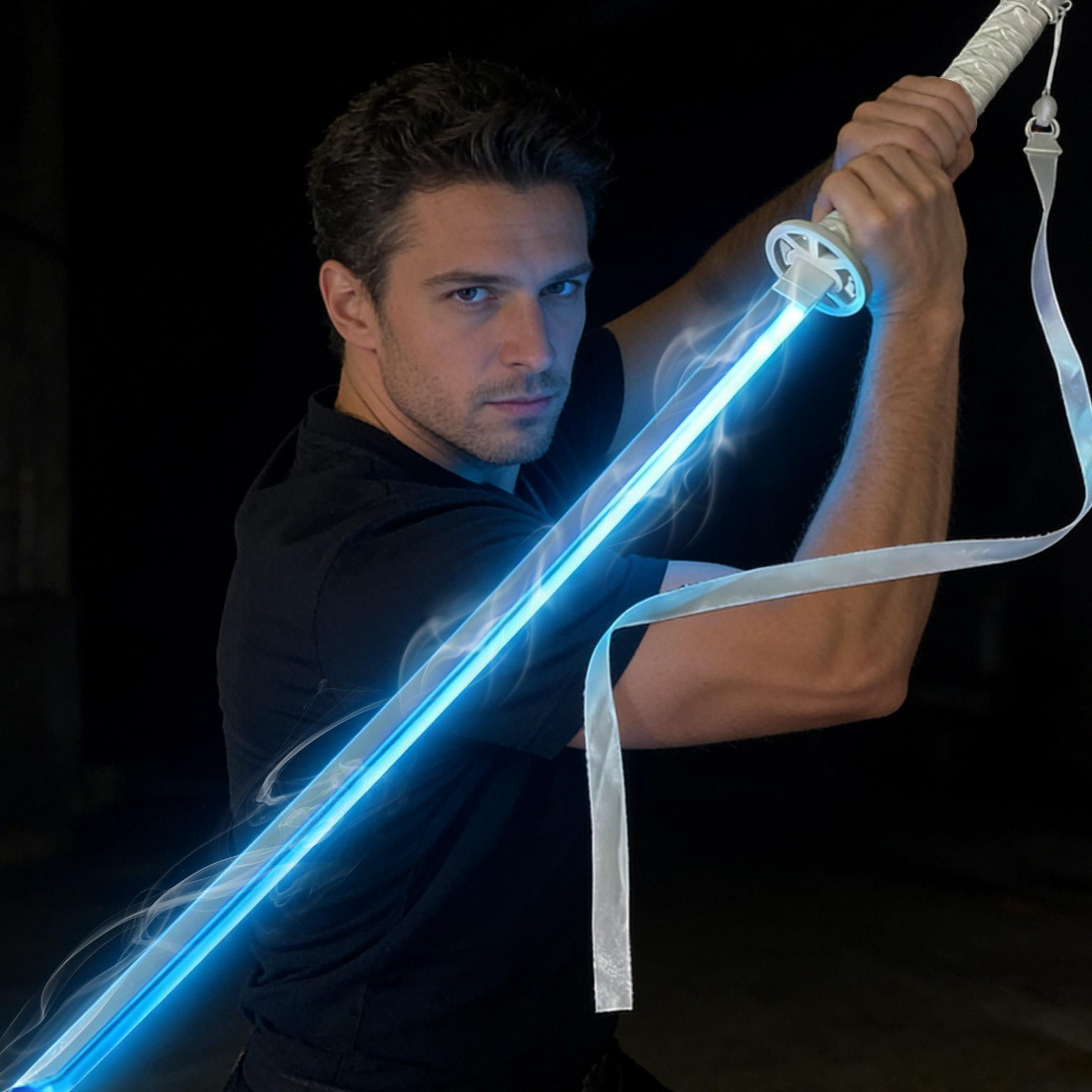 Bleach Cosplay Prop: Rukia's Sode no Shirayuki. Includes scabbard, USB rechargeable LED lights, wooden blade with smoke vents, providing both light and smoke special effects.