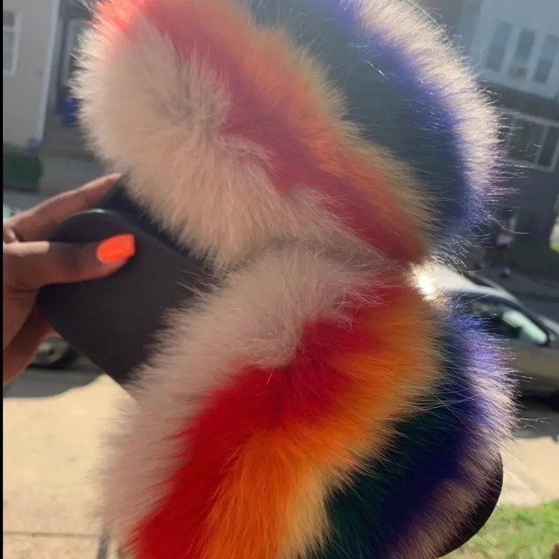 Beige Rainbow Fluffy Slides sizes 7.5,8,8.5,9.5,10 only