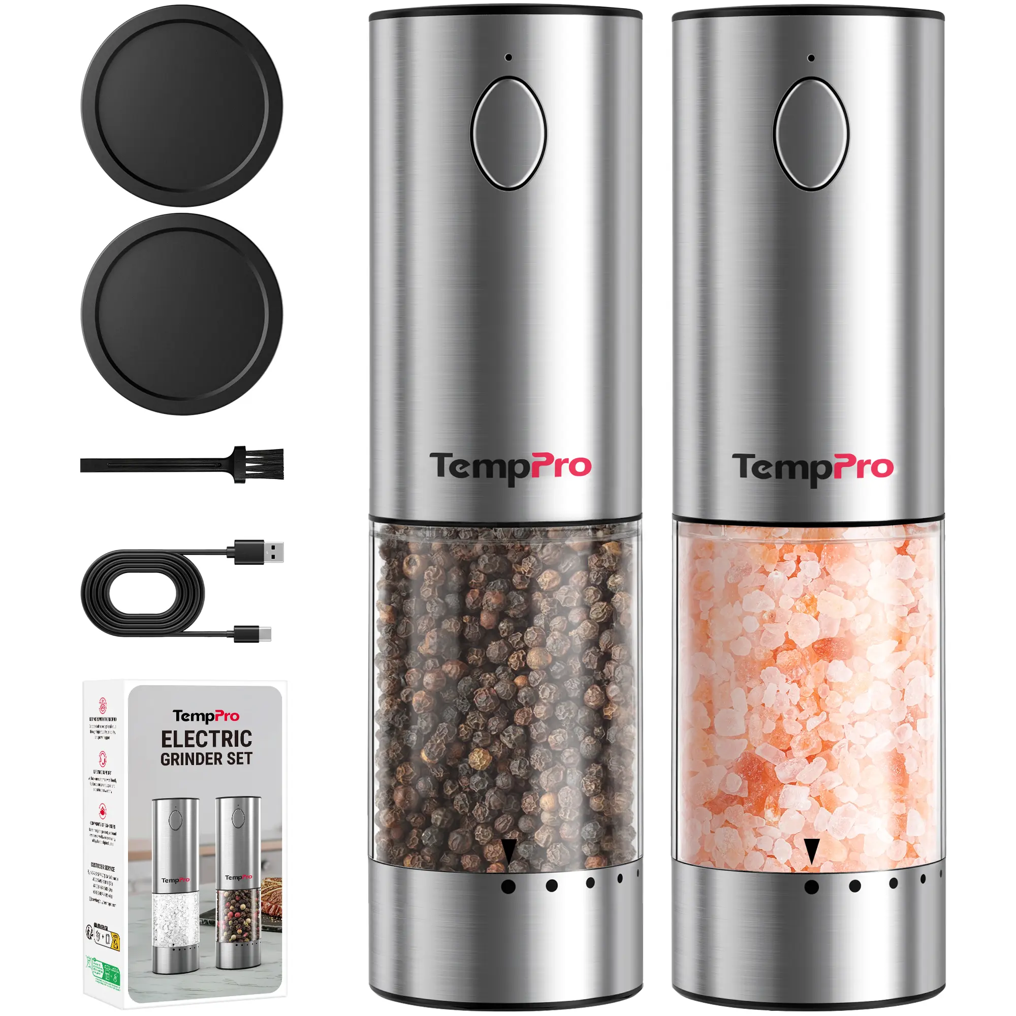TempPro Electric Salt & Pepper Grinder Set, 2pcs Rechargeable Adjustable Coarseness, LED Light, One-Hand Operation, Large Capacity, Leakproof & Moisture-Proof Auto Lid, Modern Stainless Steel Kitchen Mill home essential (APG710-2)