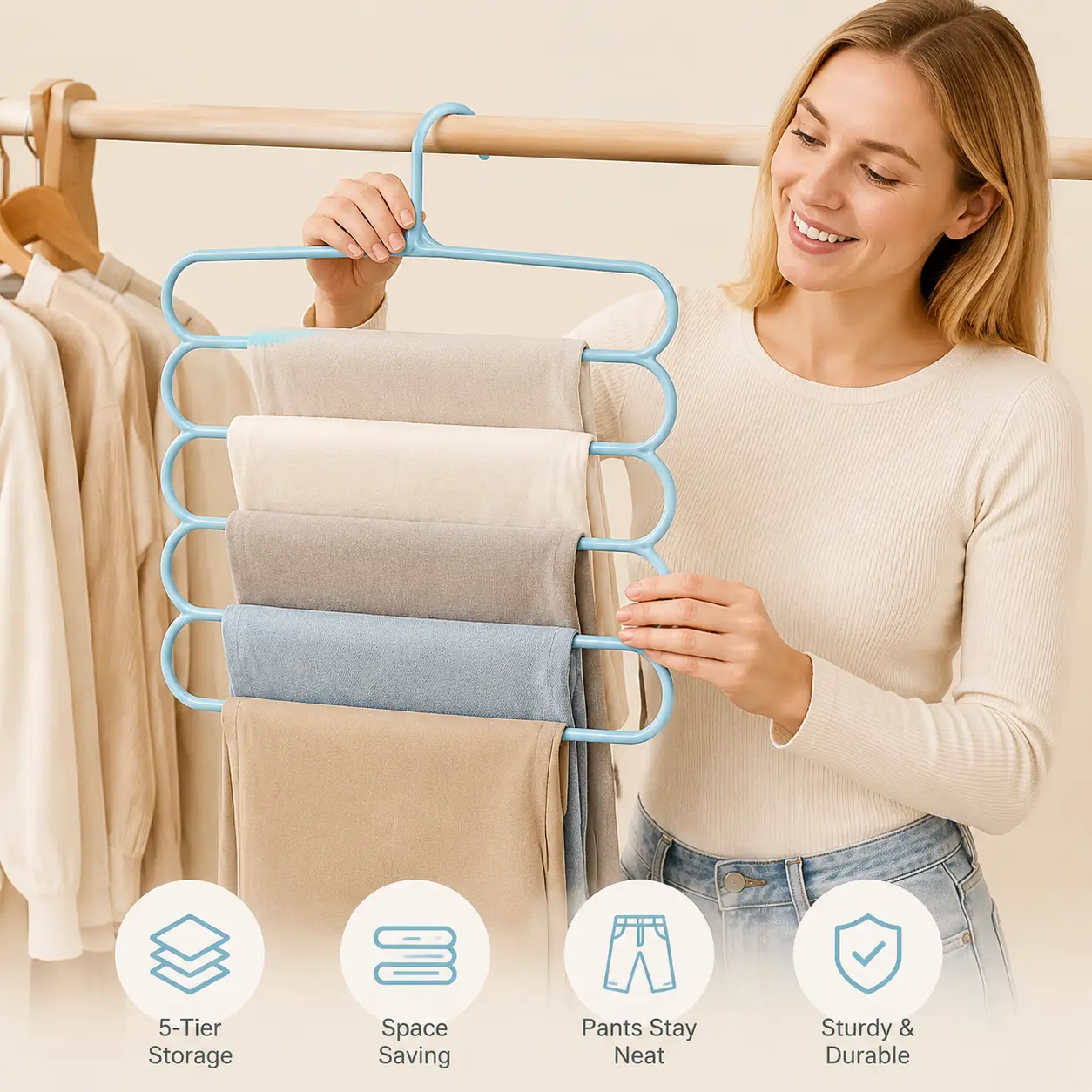 5-Tier Pants Hanger Organiser, Large Spacing Hanging Closet Organizer, 1-Count Space-Saving 5-Tier Storage Hanger for Trousers Household Wardrobe Organization
