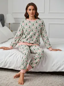 Holiday Forest Print Loungewear Set Womens Tree Bow Pajama Set Long Sleeve Top Jogger Pants Soft Cozy Knit New Year Valentines Day All Season Sleepwear