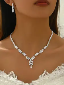 Women's Elegant Rhinestone Decorated Necklace & Dangle Earrings, Exquisite Trendy Matching Jewelry Set, Fashionable Jewelry Set for Party Decoration
