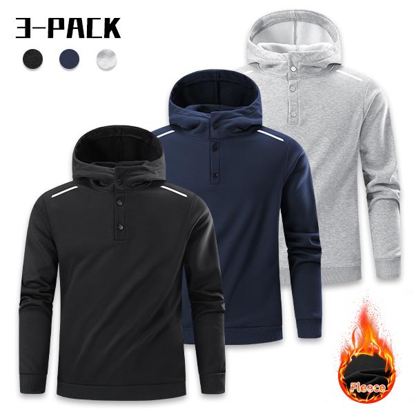 Men’s 3-Pack Henry Button Hooded Sweatshirts, Fleece-Lined Long-Sleeve Pullovers, Casual Outdoor Warm Wear