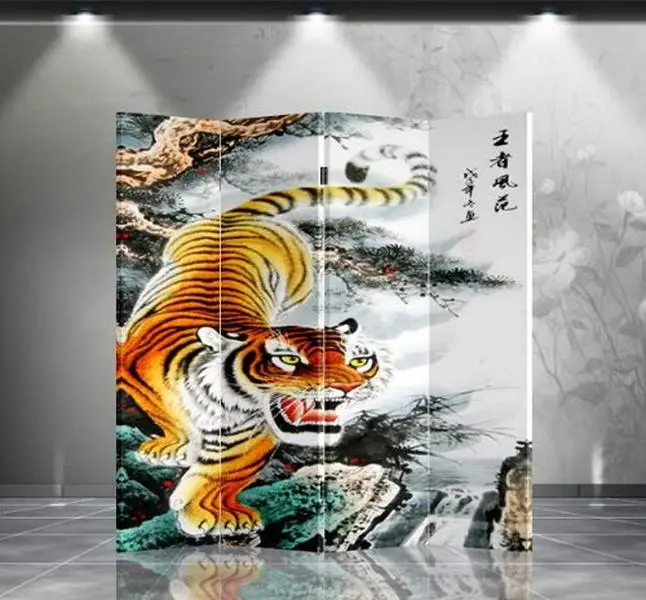 Thy Home Double-Sided Indoor Room Divider - Chinese Tiger Artwork, Rectangular Panels, Sturdy Wooden Base