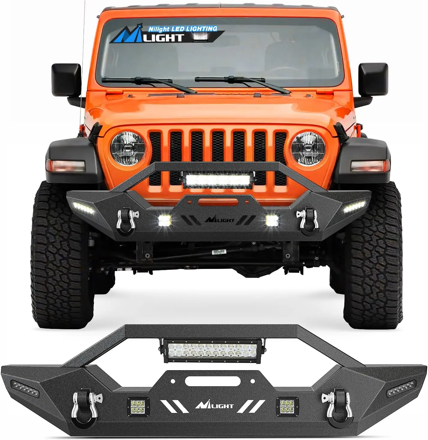 Nilight Front Bumper Compatible for 2007-2018 Wrangler JK/JKU 2018-2025 JL/JLU 2020-2025 Gladiator JT with 72W LED Bar 2 x 18W Pod 2X 18W Single Row Winch Plate Truck Car Accessories, Vehicle