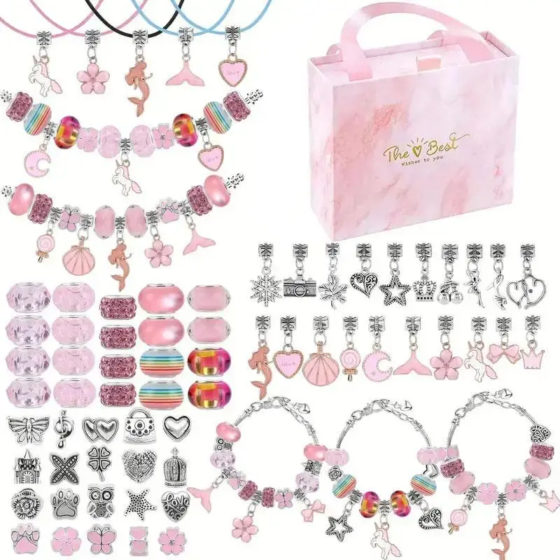 67-Piece DIY Jewelry Accessories with Charms Mix Beads Bracelet Kit for Girls Aged 6-10, Includes Jewelry Making Supplies & Portable Box, Bracelet Beads and Charms, Perfect Birthday Gift Idea
