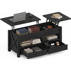 Garvee 47.2" Lift Top Coffee Table with 2 Storage Drawers & Hidden Compartment, Wooden Center Table with Convertible Lift Tabletop for Living Room, Home Office, Farmhouse Side Table - Black