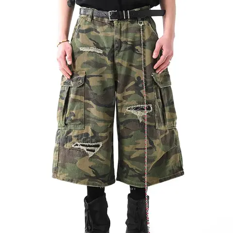 Supermade Men's Ripped Camouflage Cargo Denim Jorts - Cropped, Above-The-Knee, Baggy Oversized Distressed Men's Streetwear Workwear Bottoms with Functional Pockets