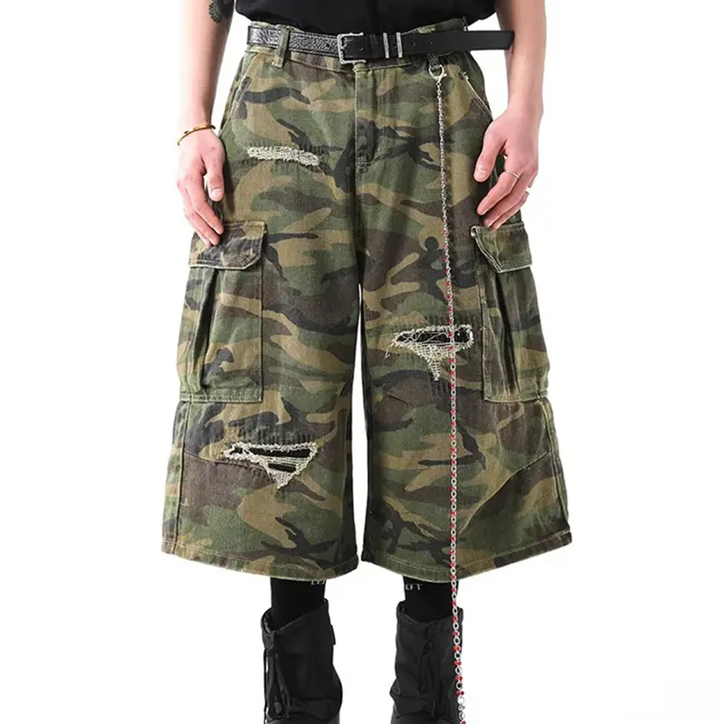 Supermade Men's Ripped Camouflage Cargo Denim Jorts - Cropped, Above-The-Knee, Baggy Oversized Distressed Men's Streetwear Workwear Bottoms with Functional Pockets