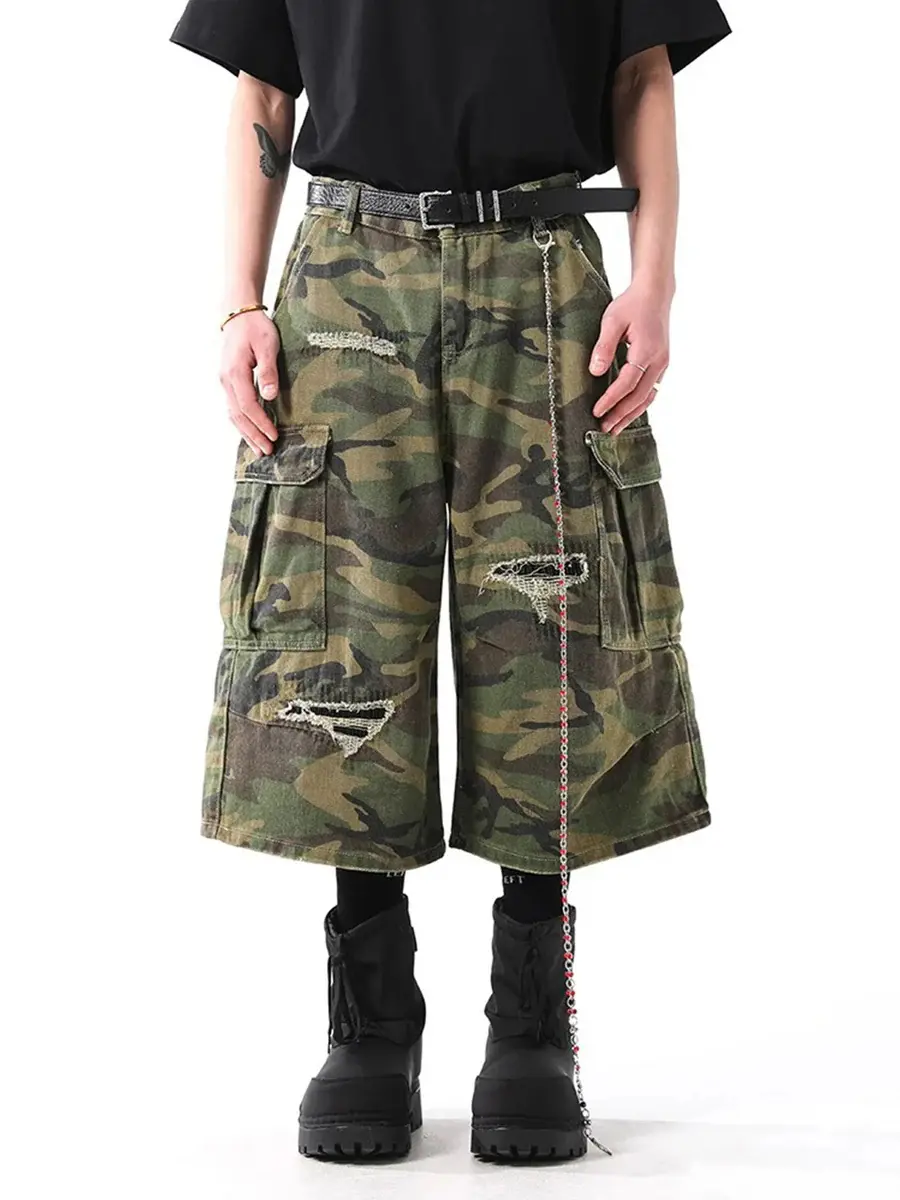 Thesupermade Retro Ripped Camouflage Cropped Jorts SpringStatements Casual Shorts