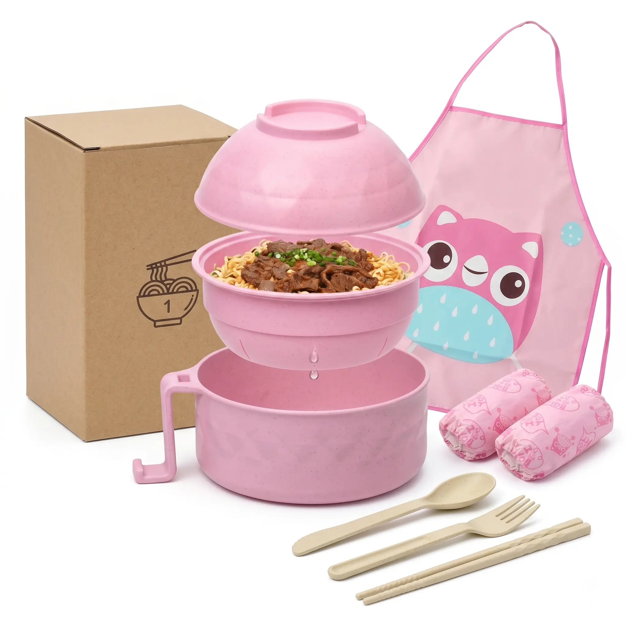 Ramen Bowl Set, Ramen Cooker 33 oz, Ramen Bowls with Chopsticks and Spoon, Classic Combo with Apron and Oversleeves, Microwave Pasta Cooker, Ramen Bowl Microwave Gift College Dorm Essentials for Girls (Pink)