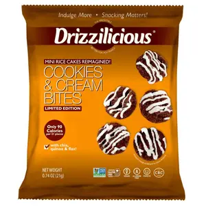 Mini Sized! - 0.74 Ounce Bags - Drizzilicious Cookies & Cream Bites - Snack-Size Single-Serve Rice Crisps, Healthy Gluten-Free Vegan Treats, 90 Calories Per Bag, 0.74 oz