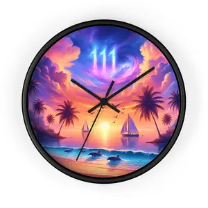 10" Wall Clock "Dolphin Serenity: A Tropical Sunset Symphony" -  1111 Tropical Beach at Sunset with Palm Trees, Dolphins, and Sailboats Decor Angel Wooden Wood