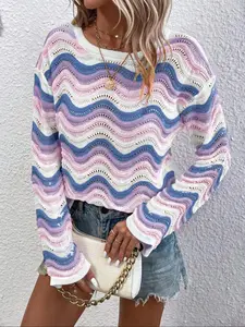 Women's Y2K Striped Pattern Long Sleeve Knit Top, Statement Knitwear Elegant Fitted Round Neck Hollow Out Design, Casual Spring Summer Fall Fashion