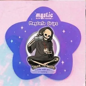 Skeleton with Coffee Mug MagSafe Phone Grip – Dark Aesthetic Phone Holder, Cute and Quirky Design for Horror and Gothic Fans, Perfect for Daily Use