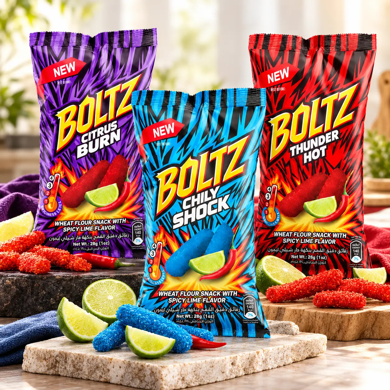 Boltz Thunder Hot Citrus Burn & Chili Shock 4oz Wheat Flour Snack with Bold Flavor Big Energy Three Flavors