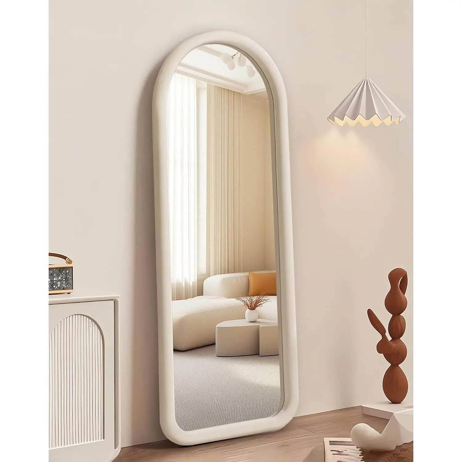 Arched Full Length Mirror, Free Standing Floor  Finish Frame Mirror for Leaning or , Soft  Bedroom & Living Room Decor, Cream White