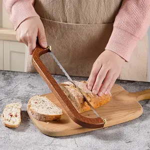 Wooden Bread Slicer, Bread Knife with  Stainless Steel Serrated Saw Bread Cutter for Bagels, Baguettes and More, Kitchen Cutting Utensils