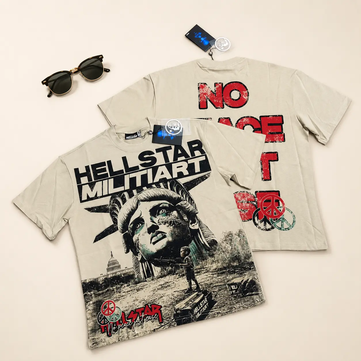 Hell star Militart Liberty Graphic T Shirt TikTok Viral Y2K Oversized Streetwear Tee Cream Beige Gothic Grunge Hip Hop Harajuku Short Sleeve Top Unisex Summer Party Festival Concert Outfit Men Women