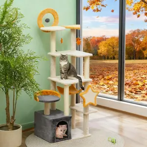 63" Moon & Star Cat Tree: Multi-Level Tower with Scratching Posts & Cozy Hideaway