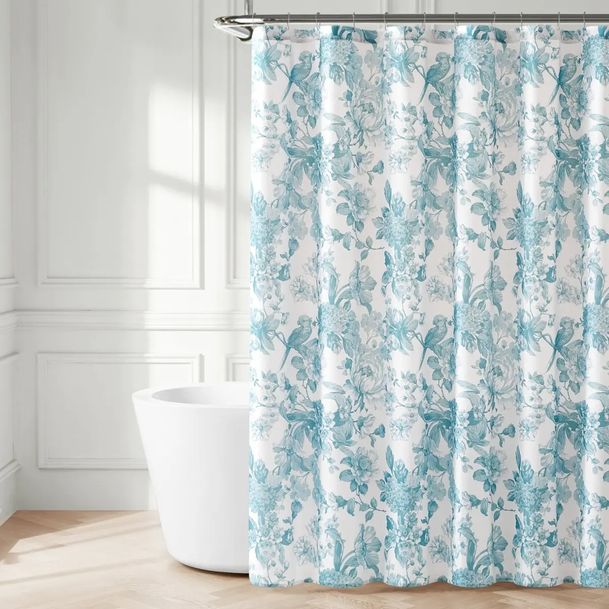 Lush Decor Vintage-Inspired Bird & Hydrangea Toile Shower Curtain, Textured Linen Floral Decorative Bird Art Bright Pattern 72x72in Machine Washable Bathroom Shower Curtain, Floral Shower Curtain, Decorative Shower Curtain