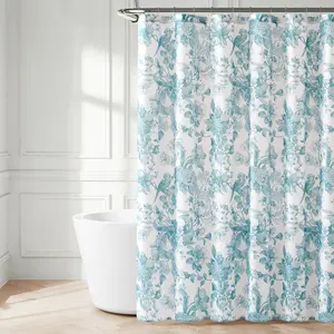 Lush Decor Bird And Hydrangea Toile Shower Curtain Textured Linen 72x72 Vintage Inspired with Birds and Flowers Machine Washable