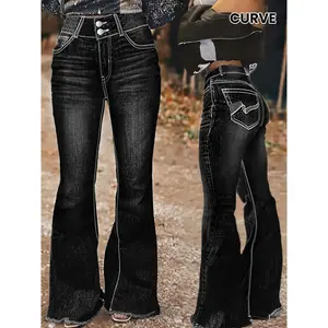 Plus Size Vintage-Inspired High-Waisted Flare Jeans with Embroidered Pockets & Raw Hem - Stretch Denim, Comfortable Fit for All Seasons