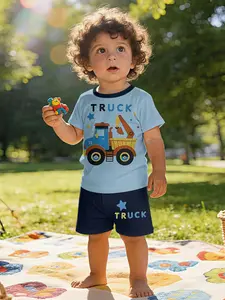 Milk blue color-block excavator, wear the dream of engineering vehicles on your body. T-shirt with digital printing, baby short-sleeve set, baby casual children's clothing, suitable for daily and outdoor sports. T-shirt is 100% polyester, a perfect gift f