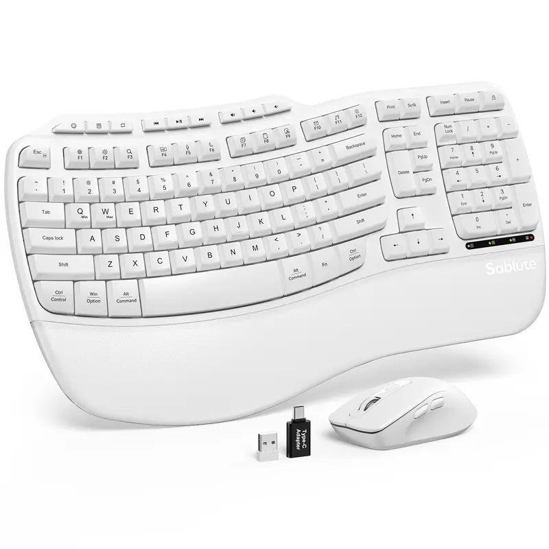 SABLUTE MA31 Ergonomic Design Computer Keyboard & Mouse Combo, 2.4G Wireless, Silky-Soft Faux Lambskin Palm Rest, 3 Adjustable DPI, 10m Keystroke Durability, Aerodynamic Ergokeys, USB-A/Type-C for Mac PC Laptop (Non-Bluetooth) Office Gadget