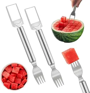 2pcs Stainless Steel Watermelon Slicer - 2 in 1 Dual-Function Knife And Fork, Ergonomic Handle, Easy Dicing with Ball Tool, Suitable for Home Kitchen And Outdoor Barbecue Party, Stylish Metal Texture, Durable Kitchen Gadget, Easy to Use