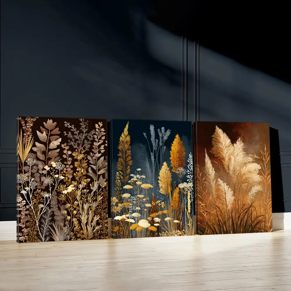 3pcs Botanical Elegance Wall Art, Earthy Tones Poster, Natural Beauty Art Prints, Vintage Charm Home Decor, Autumn Wall Paintings, Modern Canvas Posters Wall Arts, Decor For Living Room, Restaurant, Kitchen, Bedroom, Gift, With Frame
